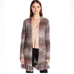 Marbled chunky knit crocheted layering open sweater with pockets and fringe